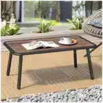 C-Hopetree outdoor coffee table on a modern patio Close-up of C-Hopetree outdoor coffee table slatted top C-Hopetree outdoor coffee table with weather-resistant frame Top view of C-Hopetree outdoor coffee table styled with decor C-Hopetree outdoor coffee table rectangle silhouette and size