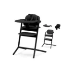 Cybex LEMO 2 convertible high chair in stunning black Cybex LEMO 2 convertible high chair with anti-tip wheels Cybex LEMO 2 convertible high chair one-hand adjustments Cybex LEMO 2 convertible high chair 3-in-1 growing seat Cybex LEMO 2 convertible high chair at dining table