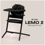 Cybex LEMO 2 convertible high chair in stunning black Cybex LEMO 2 convertible high chair with anti-tip wheels Cybex LEMO 2 convertible high chair one-hand adjustments Cybex LEMO 2 convertible high chair 3-in-1 growing seat Cybex LEMO 2 convertible high chair at dining table
