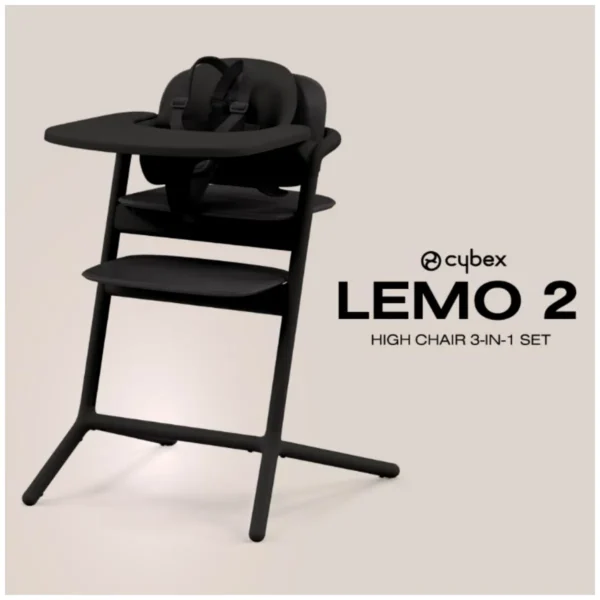 Cybex LEMO 2 convertible high chair in stunning black Cybex LEMO 2 convertible high chair with anti-tip wheels Cybex LEMO 2 convertible high chair one-hand adjustments Cybex LEMO 2 convertible high chair 3-in-1 growing seat Cybex LEMO 2 convertible high chair at dining table