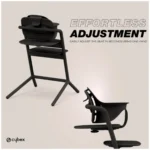 Cybex LEMO 2 convertible high chair in stunning black Cybex LEMO 2 convertible high chair with anti-tip wheels Cybex LEMO 2 convertible high chair one-hand adjustments Cybex LEMO 2 convertible high chair 3-in-1 growing seat Cybex LEMO 2 convertible high chair at dining table