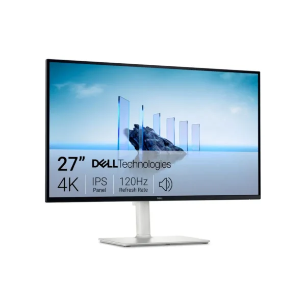 Dell 27 Plus 4K Monitor front view in ash white finish Dell 27 Plus 4K Monitor showcasing 120Hz IPS panel Dell 27 Plus 4K Monitor with AMD FreeSync Premium Dell 27 Plus 4K Monitor sRGB 99% color accuracy Dell 27 Plus 4K Monitor with ComfortView Plus and speakers