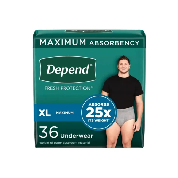 Depend essentials product image for everyday confidence Depend brand packaging close-up for comfort and support Depend lifestyle image highlighting discreet protection Depend logo and product lineup for personal care Depend essentials size and fit guide visual