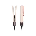 Dyson Airstrait straightener in Ceramic Pink on vanity Close-up of Dyson Airstrait straightener styling hair Dyson Airstrait straightener product shot, Ceramic Pink finish Travel-ready Dyson Airstrait straightener with case Dyson Airstrait straightener controls and airflow detail