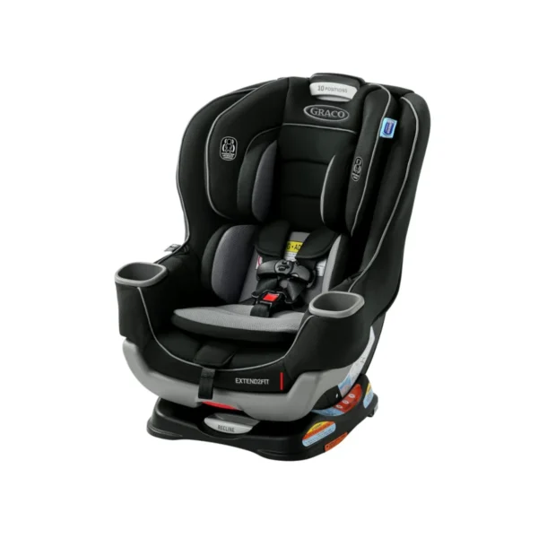 Graco Extend2Fit Convertible Car Seat rear-facing view Graco Extend2Fit Convertible Car Seat forward-facing 4–65 lb Graco Extend2Fit Convertible Car Seat 2-in-1 design, Titus Graco Extend2Fit Convertible Car Seat buckle and padding close-up Graco Extend2Fit Convertible Car Seat installed in vehicle