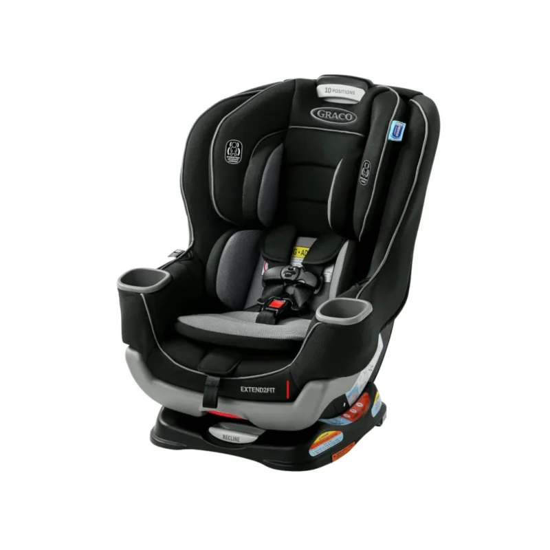 Graco Extend2Fit Convertible Car Seat rear-facing view Graco Extend2Fit Convertible Car Seat forward-facing 4–65 lb Graco Extend2Fit Convertible Car Seat 2-in-1 design, Titus Graco Extend2Fit Convertible Car Seat buckle and padding close-up Graco Extend2Fit Convertible Car Seat installed in vehicle