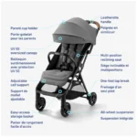Graco Ready2Jet Compact Stroller automatic fold in action Graco Ready2Jet Compact Stroller folded for travel Graco Ready2Jet Compact Stroller side profile compact design Graco Ready2Jet Compact Stroller handle and canopy detail Graco Ready2Jet Compact Stroller travel-ready design