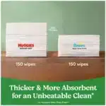 HUGGIES baby care essentials packaging front HUGGIES baby care product details and features HUGGIES baby care gentle materials close-up HUGGIES baby care size and quantity information HUGGIES baby care in-use lifestyle image