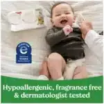 HUGGIES baby care essentials packaging front HUGGIES baby care product details and features HUGGIES baby care gentle materials close-up HUGGIES baby care size and quantity information HUGGIES baby care in-use lifestyle image
