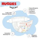 HUGGIES baby care essentials product hero image HUGGIES baby care gentle materials close-up HUGGIES baby care lifestyle photo with parent and baby HUGGIES baby care features and benefits snapshot HUGGIES baby care packaging front and size guide