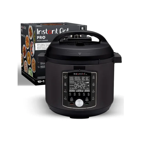 Instant Pot Pro 8 Quart 10-in-1 multicooker on kitchen counter Instant Pot Pro 8 Quart control panel and cooking programs Instant Pot Pro 8 Quart stainless steel inner pot and lid Instant Pot Pro 8 Quart making family-size soups and stews Instant Pot Pro 8 Quart with app recipes for quick dinners