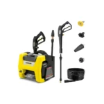 Karcher pressure washer cleaning a patio Karcher pressure washer for car washing at home Karcher pressure washer compact design side view Karcher pressure washer quick-connect hose detail Karcher pressure washer removing driveway grime