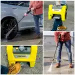 Karcher pressure washer cleaning a patio Karcher pressure washer for car washing at home Karcher pressure washer compact design side view Karcher pressure washer quick-connect hose detail Karcher pressure washer removing driveway grime
