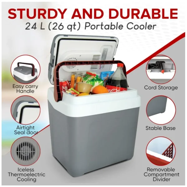 Koolatron mini fridge compact design front view Koolatron mini fridge interior with snacks and drinks Koolatron mini fridge for dorm room or office desktop Koolatron mini fridge energy-efficient countertop unit Koolatron mini fridge portable travel and home use