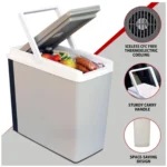 Koolatron cooler portable unit front view Koolatron cooler in a home or office setting Koolatron cooler compact design close-up Koolatron cooler packed for travel and road trips Koolatron cooler lifestyle scene at a picnic