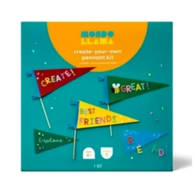 Kids crafting colorful pennants with Mondo Llama Create-Your-Own Pennant Kit. Fun party decorations!