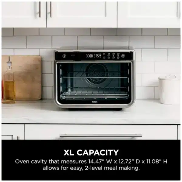 Ninja DT201C Foodi 10-in-1 XL Pro Air Fry Oven on kitchen counter Ninja DT201C Foodi 10-in-1 XL Pro Air Fry Oven stainless steel finish Ninja DT201C Foodi 10-in-1 XL Pro Air Fry Oven control panel close-up Ninja DT201C Foodi 10-in-1 XL Pro Air Fry Oven family-size interior Ninja DT201C Foodi 10-in-1 XL Pro Air Fry Oven with accessories