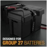 NOCO battery charger close-up on charging cable NOCO battery charger for car and marine batteries NOCO battery charger compact safe design NOCO battery charger maintaining battery health NOCO battery charger packaging and accessories