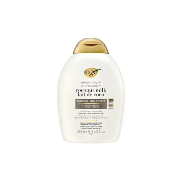 OGX Nourishing Coconut Shampoo 385ml bottle front OGX Nourishing Coconut Shampoo for hydrating dry hair OGX Nourishing Coconut Shampoo sulfate-free formula OGX Nourishing Coconut Shampoo adds shine and softness OGX Nourishing Coconut Shampoo with coconut milk