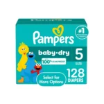 Pampers Baby Diapers package front showing branding Pampers Baby Diapers close-up of soft inner lining Pampers Baby Diapers leak protection design detail Pampers Baby Diapers easy-change diaper illustration Pampers Baby Diapers brand packaging on white background