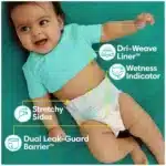 Pampers Baby Diapers package front showing branding Pampers Baby Diapers close-up of soft inner lining Pampers Baby Diapers leak protection design detail Pampers Baby Diapers easy-change diaper illustration Pampers Baby Diapers brand packaging on white background
