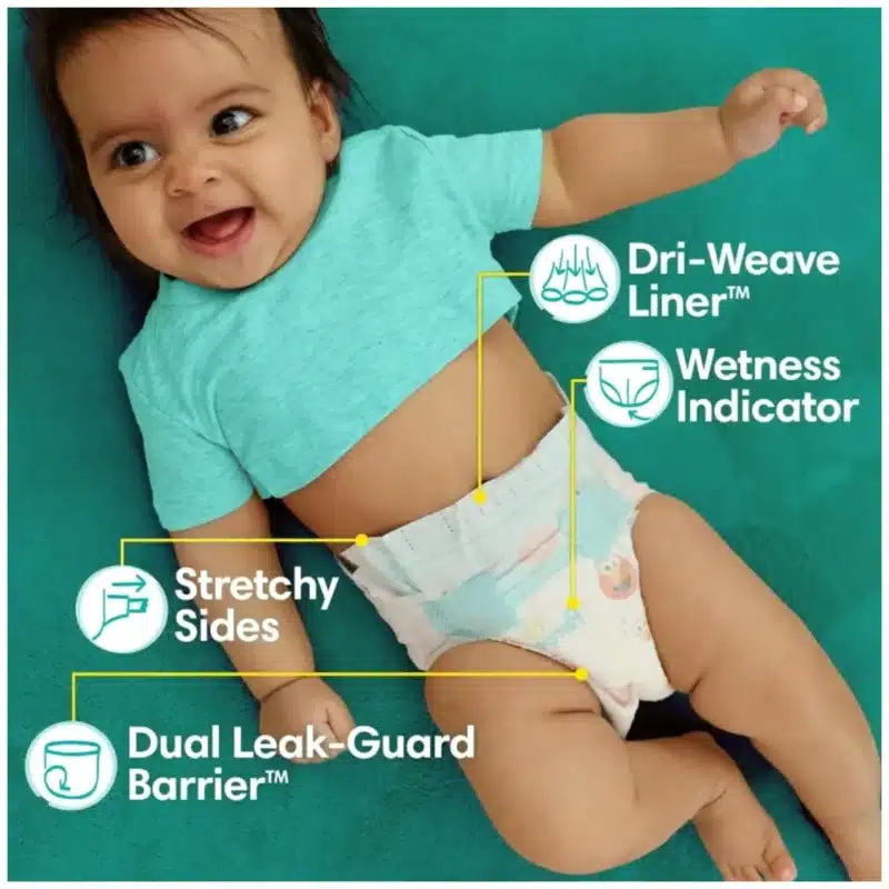Pampers Baby Diapers package front showing branding Pampers Baby Diapers close-up of soft inner lining Pampers Baby Diapers leak protection design detail Pampers Baby Diapers easy-change diaper illustration Pampers Baby Diapers brand packaging on white background