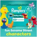 Pampers Baby Diapers package front showing branding Pampers Baby Diapers close-up of soft inner lining Pampers Baby Diapers leak protection design detail Pampers Baby Diapers easy-change diaper illustration Pampers Baby Diapers brand packaging on white background