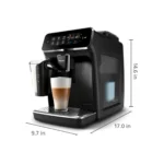 Philips 3200 Series Espresso Machine with LatteGo frother Philips 3200 Series Espresso Machine touch display close-up Philips 3200 Series Espresso Machine ceramic grinder detail Philips 3200 Series Espresso Machine AquaClean filter system Philips 3200 Series Espresso Machine black countertop setup