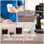 Philips 3200 Series Espresso Machine with LatteGo frother Philips 3200 Series Espresso Machine touch display close-up Philips 3200 Series Espresso Machine ceramic grinder detail Philips 3200 Series Espresso Machine AquaClean filter system Philips 3200 Series Espresso Machine black countertop setup