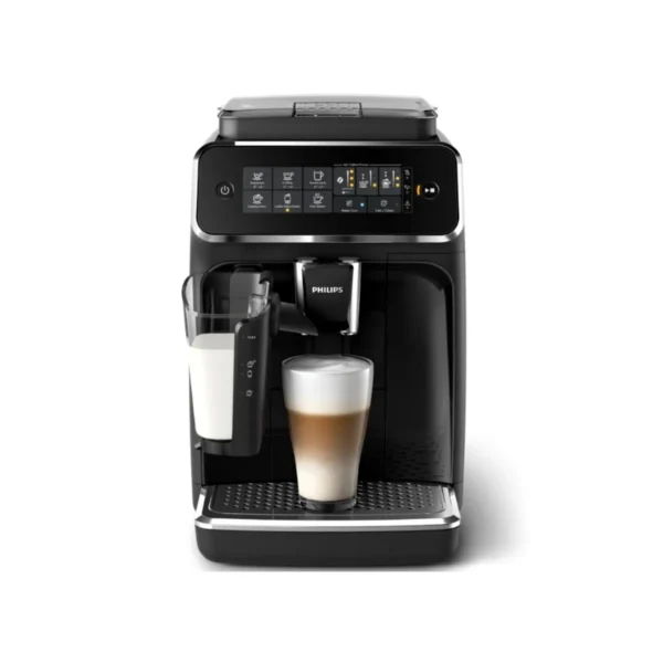 Philips 3200 Series Espresso Machine with LatteGo frother Philips 3200 Series Espresso Machine touch display close-up Philips 3200 Series Espresso Machine ceramic grinder detail Philips 3200 Series Espresso Machine AquaClean filter system Philips 3200 Series Espresso Machine black countertop setup