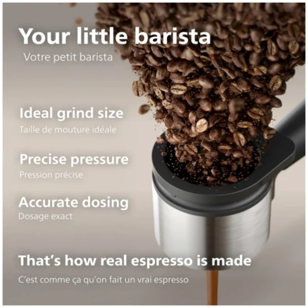 Philips Baristina Espresso Machine with 16-bar pump Philips Baristina Espresso Machine automatic grinder close-up Philips Baristina Espresso Machine black portafilter detail Philips Baristina Espresso Machine compact natural black design Philips Baristina Espresso Machine Cafe Crema shot at home