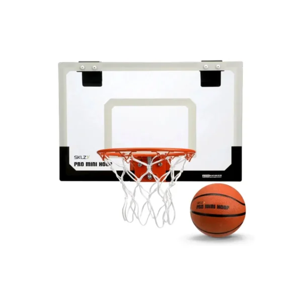 SKLZ Pro Mini Basketball Hoop door-mount setup 18x12 SKLZ Pro Mini Basketball Hoop shatterproof backboard close-up SKLZ Pro Mini Basketball Hoop with mini ball included SKLZ Pro Mini Basketball Hoop home rec room play SKLZ Pro Mini Basketball Hoop padded brackets and rim