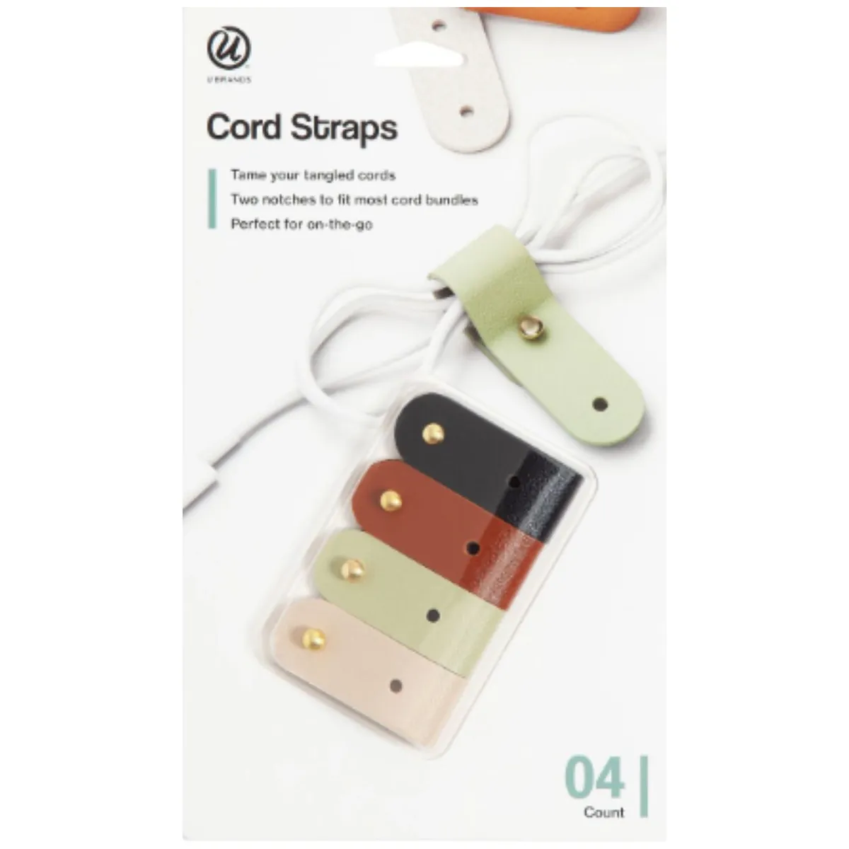 vegan leather cable organizer by U Brands on desk vegan leather cable organizer for tidy charging cables vegan leather cable organizer closeup of stitching detail vegan leather cable organizer holding USB and power cords vegan leather cable organizer minimalist workspace accessory