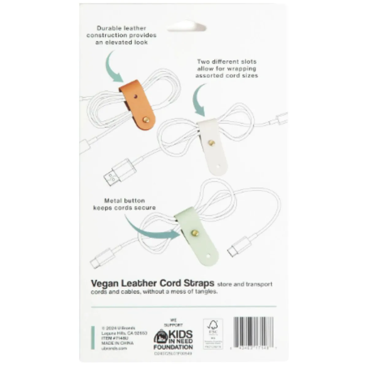 vegan leather cable organizer by U Brands on desk vegan leather cable organizer for tidy charging cables vegan leather cable organizer closeup of stitching detail vegan leather cable organizer holding USB and power cords vegan leather cable organizer minimalist workspace accessory