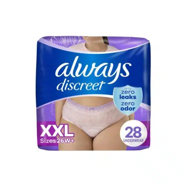 Always Discreet Adult Incontinence Underwear for Women and Postpartum Underwear, Size XXL, Up to 100% Bladder Leak Protection, 28 Count