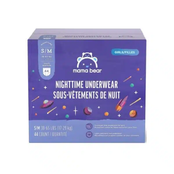 Brand - Mama Bear Girl's Nighttime Underwear for Bedwetting, Overnight Protection, Hypoallergenic, Size S/M (38-65 lbs), 44 Count, White