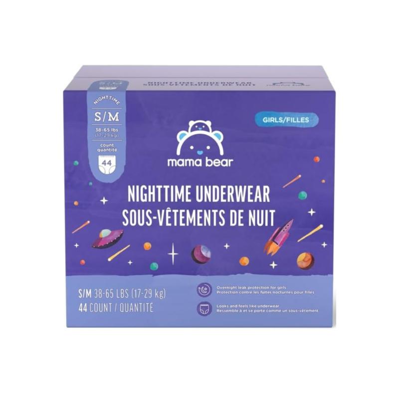 Brand - Mama Bear Girl's Nighttime Underwear for Bedwetting, Overnight Protection, Hypoallergenic, Size S/M (38-65 lbs), 44 Count, White