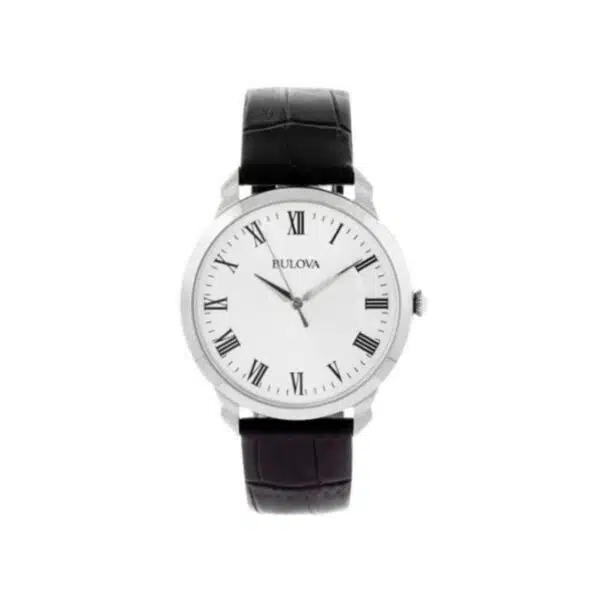 Bulova Mens Classic Quartz Watch 41mm Silver-Tone Stainless Steel Case Black Leather Strap with Silver-White Dial (96A133)