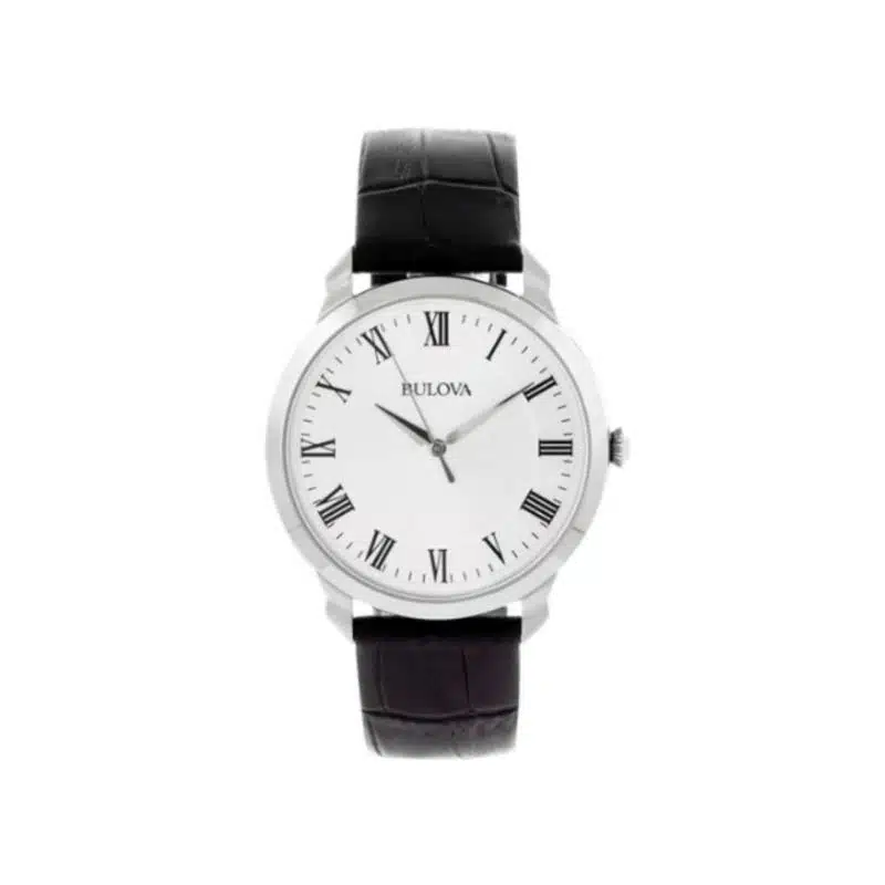 Bulova Mens Classic Quartz Watch 41mm Silver-Tone Stainless Steel Case Black Leather Strap with Silver-White Dial (96A133)