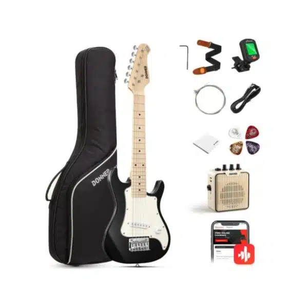Donner 30 Inch Electric Guitar Kid Beginner Kit ST Style Mini Size ST Electric Guitar Junior Starter Package Black with Amp, 600D Bag, Tuner, Picks, Cable, Strap, Extra Strings DSJ-100
