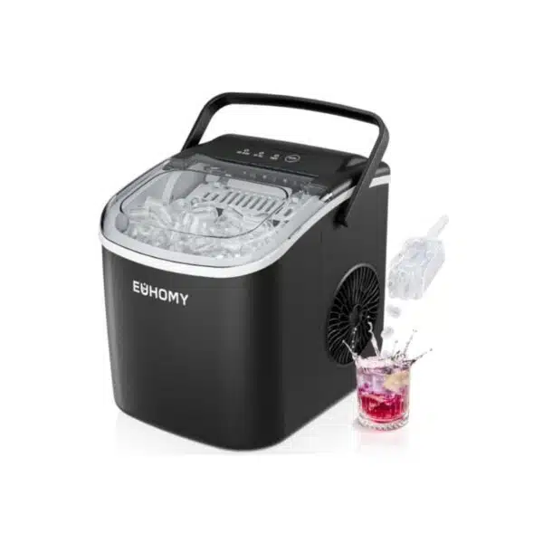 EUHOMY Countertop Ice Maker Machine with Handle, 26lbs in 24Hrs, 9 Ice Cubes Ready in 6 Mins, Auto-Cleaning Portable Ice Maker with Basket and Scoop, for Home/Kitchen/Camping/RV. (Black)