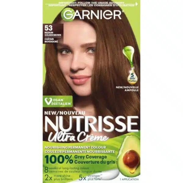 Garnier Nutrisse Ultra Crème, Permanent Hair Dye, 100% Grey Coverage, Vegan Formula, Nourished Hair, Long-Lasting Rich Colour, 53 Medium Golden Brown, 1 Application, Packaging May Vary