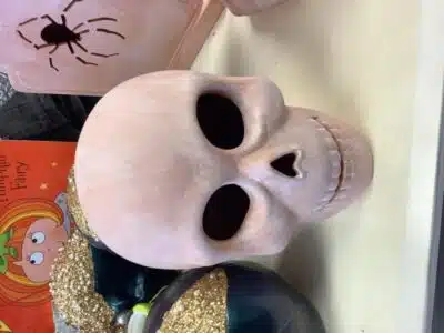 Hyde and EEK! Light Pink Terracotta Grinning Skull Halloween Decor
