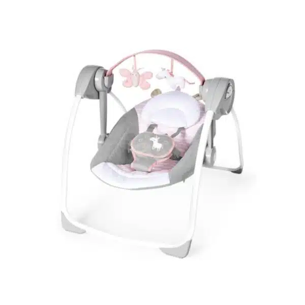Ingenuity Comfort 2 Go Compact Portable 6-Speed Baby Swing with Music, Folds for Easy Travel-Flora the Unicorn (Pink), 0-9 Months