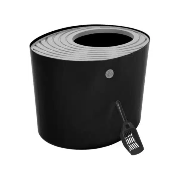 Iris Ohyama, Cat Litter Tray with Grooved Lid/Top Cover, No Odor and Litter Spill, Large Entrance, Scoop Included, for Cat - Cat Litter Box Jump-in PUNT-530 - Black