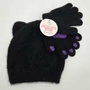 Black and purple cat costume beanie and gloves set for kids