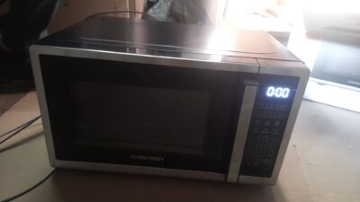 Chefman countertop microwave oven in stainless steel with digital controls