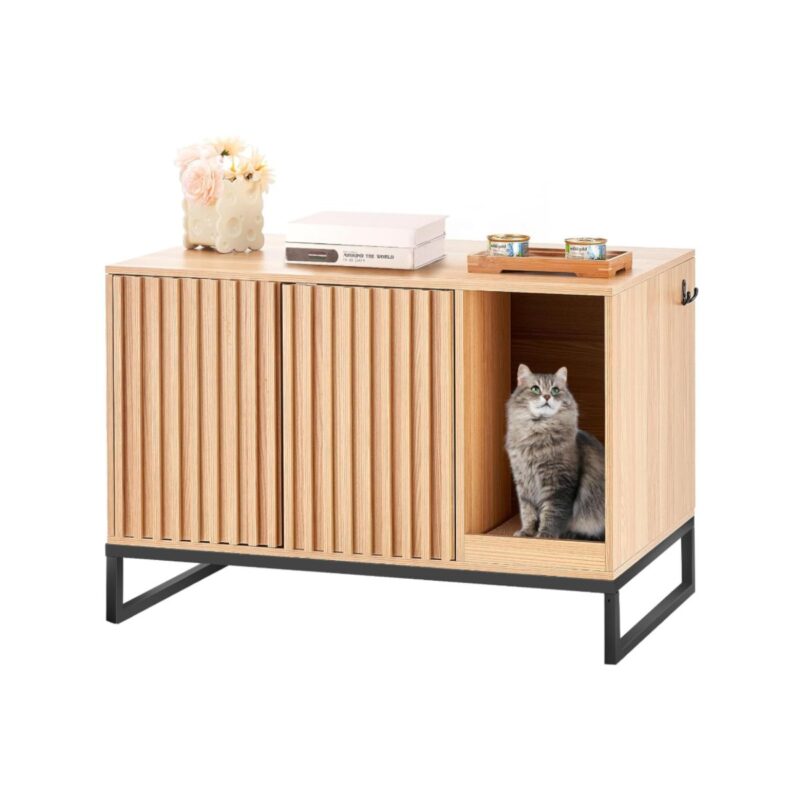 VEVOR cat litter box enclosure with wooden cabinet and metal legs in natural finish