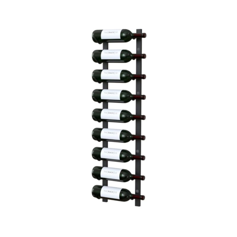 The Rack Co. wall mounted wine rack in satin black holding 9 bottles with free corkscrew opener
