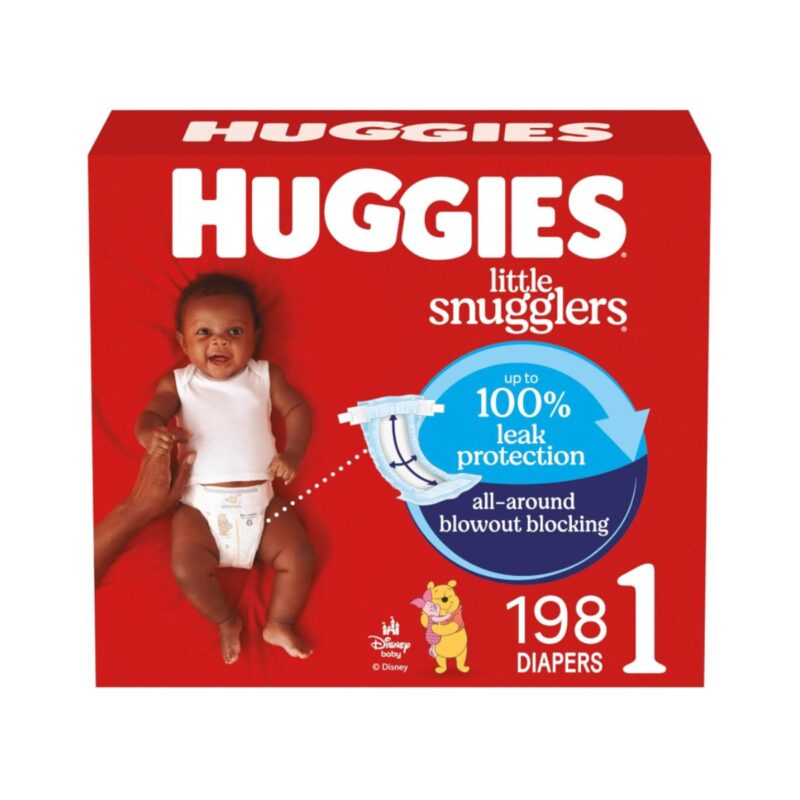 Huggies size 1 diapers package showing 198 count in packaging